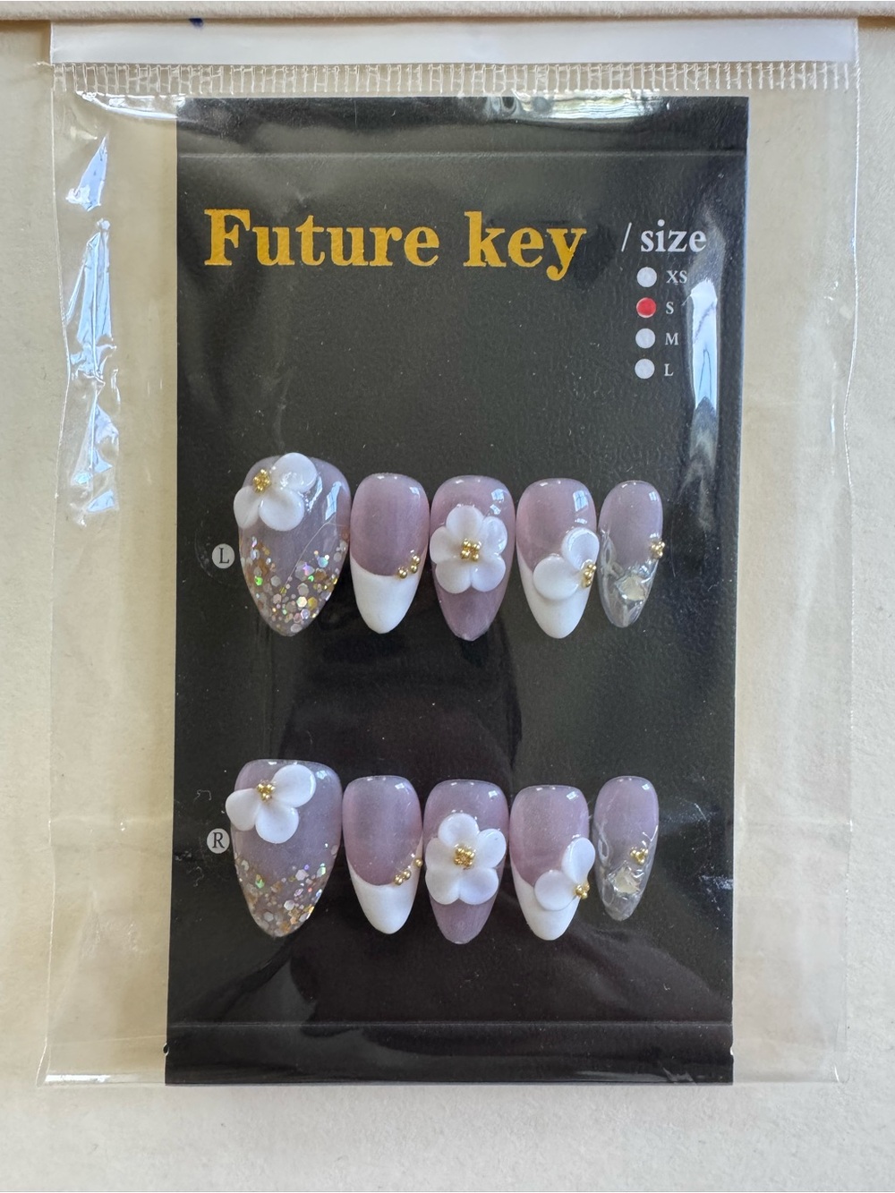 Future Key White French Tip Press-On Nails with White 3D Floral Accents